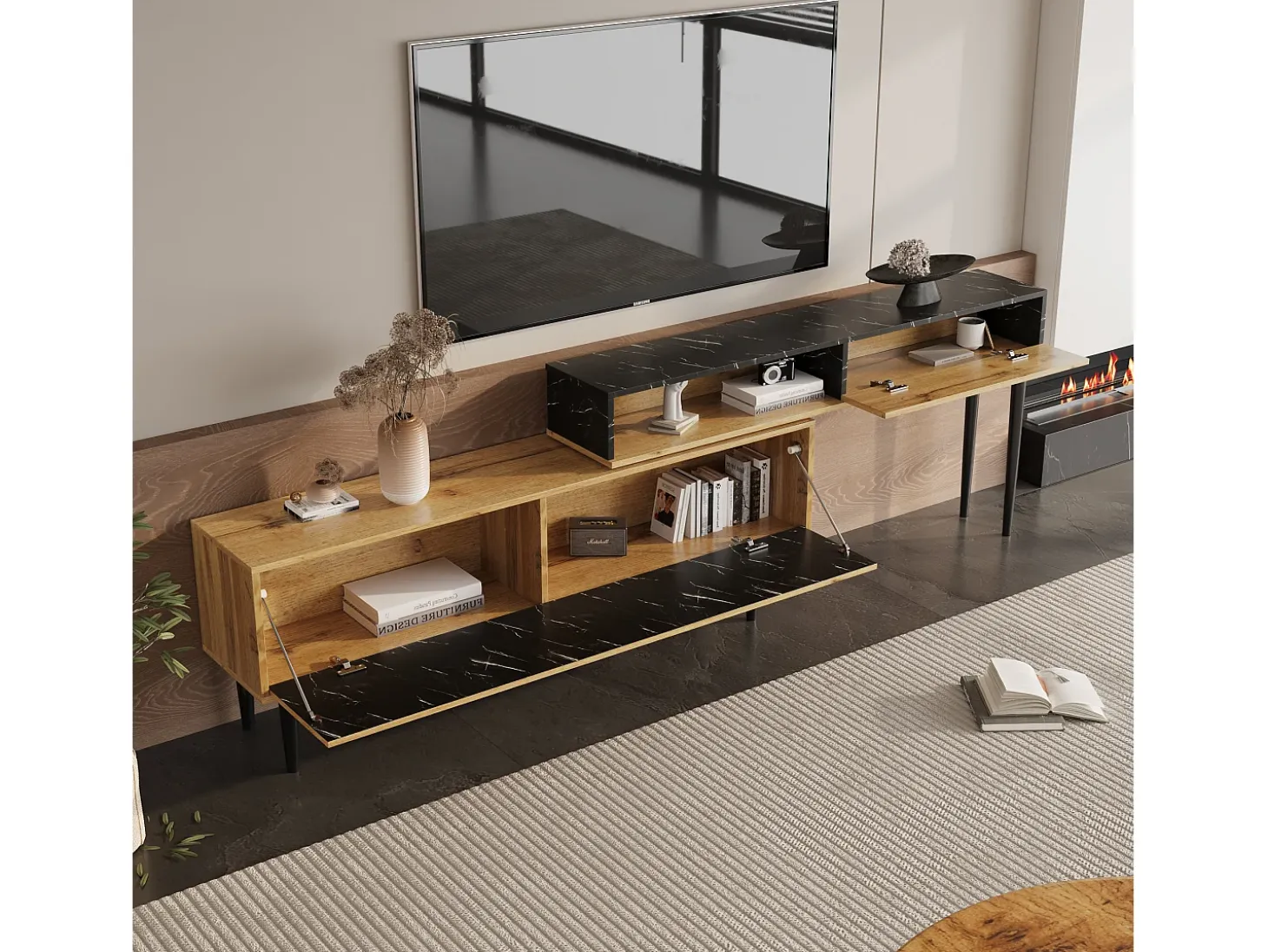 Mueble TV modular - 4 compartimentos - Negro y Natural