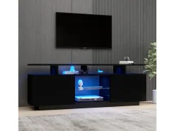 Mueble TV negro de 140 cm, iluminación LED de 16 colores, puertas lacadas con paneles de cristal, espacio para TV de hasta 60"