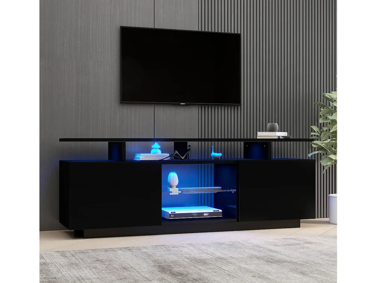 Mueble TV negro de 140 cm, iluminación LED de 16 colores, puertas lacadas con paneles de cristal, espacio para TV de hasta 60"
