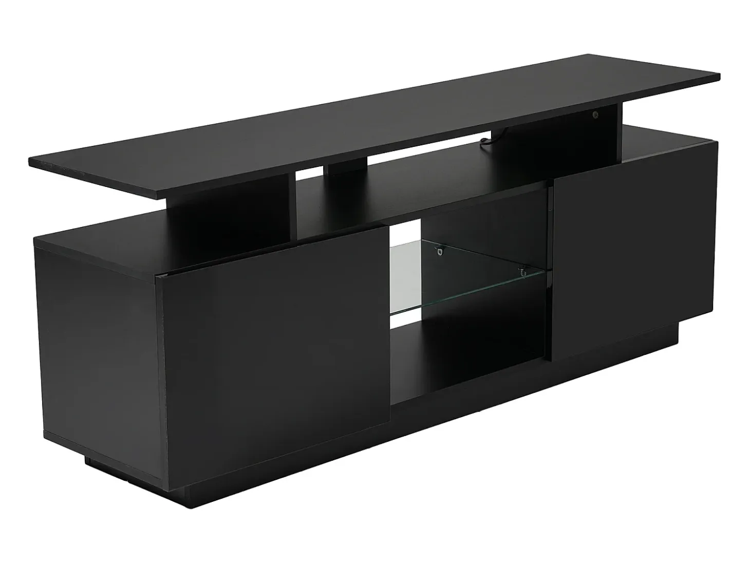 Mueble TV negro de 140 cm, iluminación LED de 16 colores, puertas lacadas con paneles de cristal, espacio para TV de hasta 60"