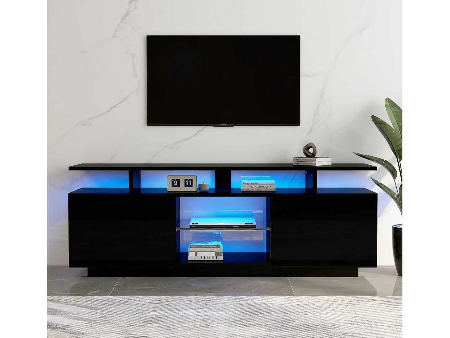 Mueble TV negro de 140 cm, iluminación LED de 16 colores, puertas lacadas con paneles de cristal, espacio para TV de hasta 60"