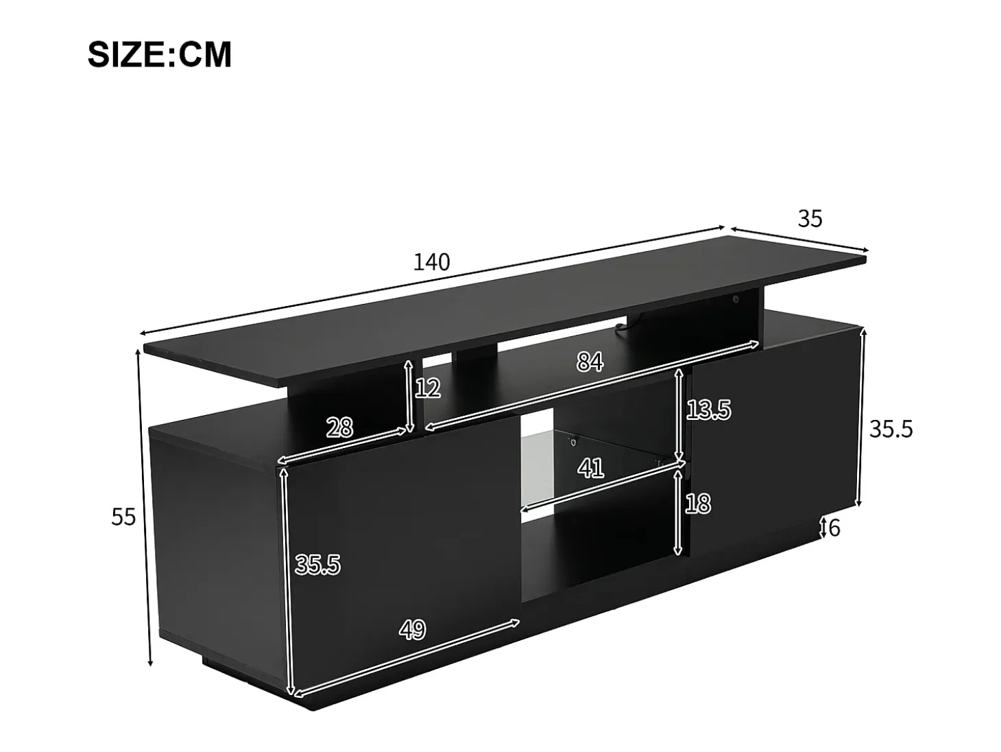 Mueble TV negro de 140 cm, iluminación LED de 16 colores, puertas lacadas con paneles de cristal, espacio para TV de hasta 60"