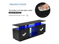 Mueble TV negro de 140 cm, iluminación LED de 16 colores, puertas lacadas con paneles de cristal, espacio para TV de hasta 60