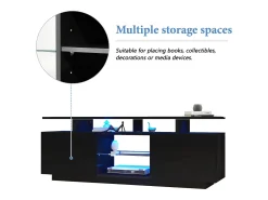 Mueble TV negro de 140 cm, iluminación LED de 16 colores, puertas lacadas con paneles de cristal, espacio para TV de hasta 60