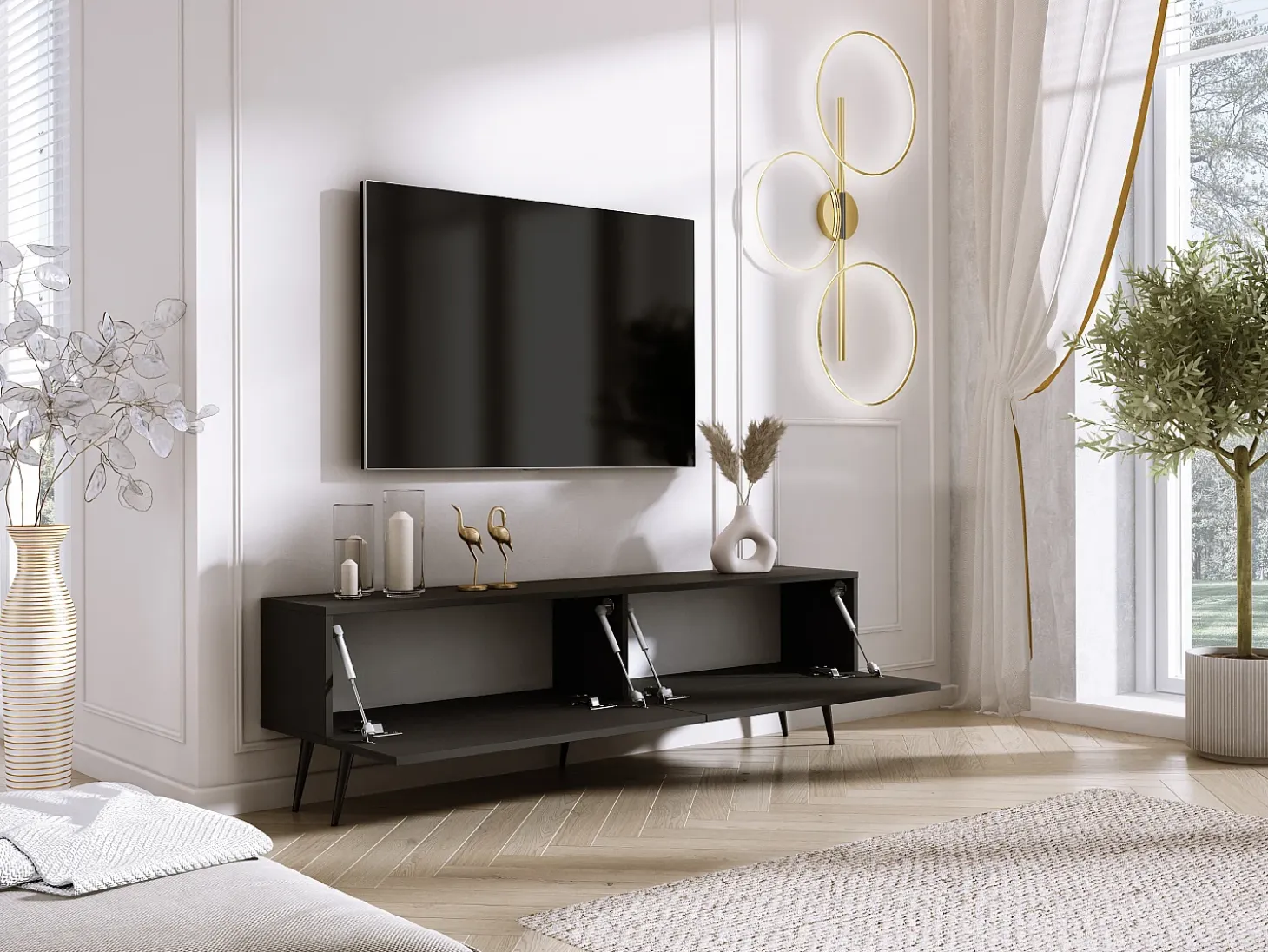 Mueble TV: Negro mate, patas negras, 170 x 52 x 32 cm