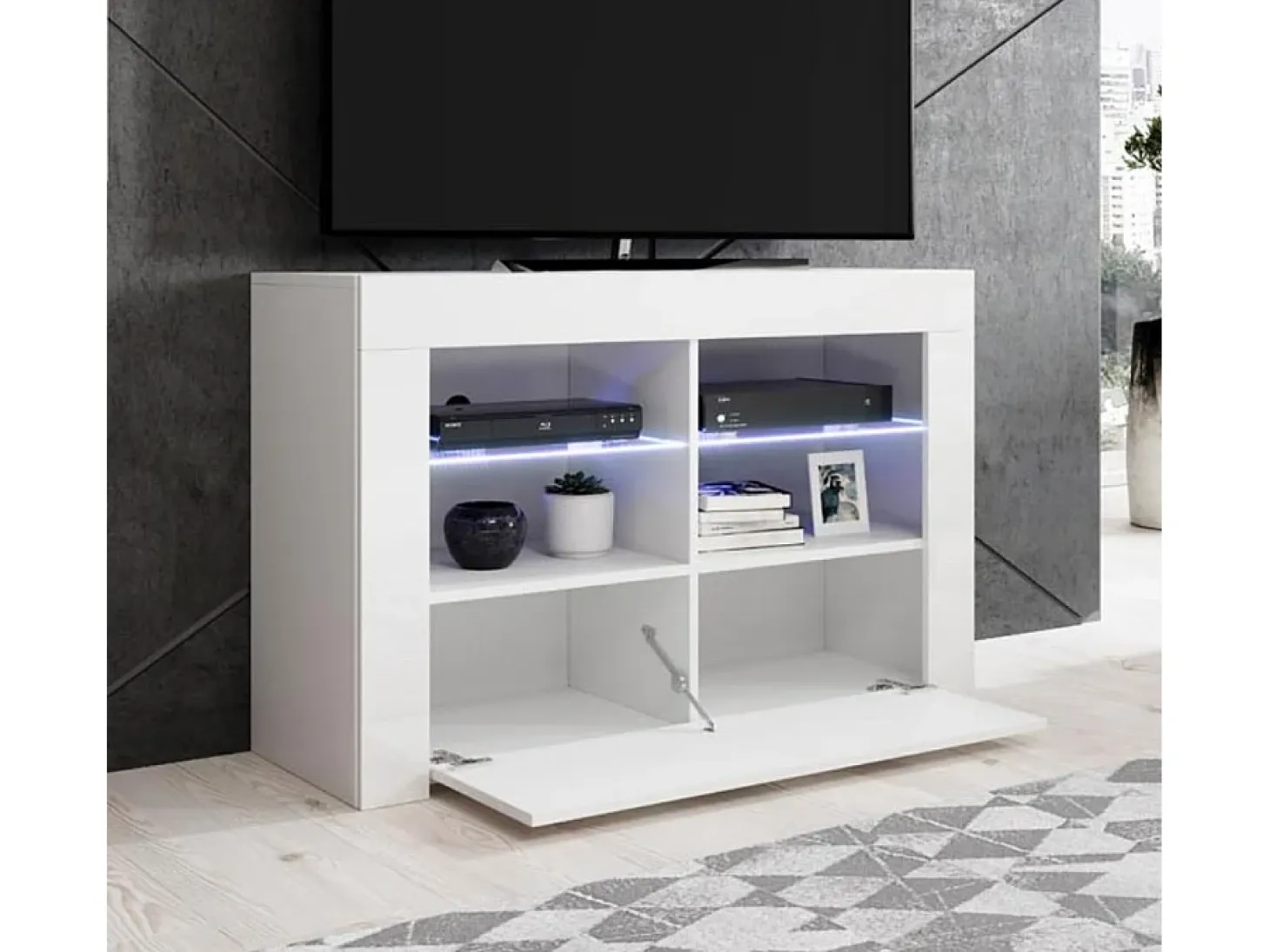 Mueble TV para Salón comedor en Blanco con LED 100x35x65cm Lilian