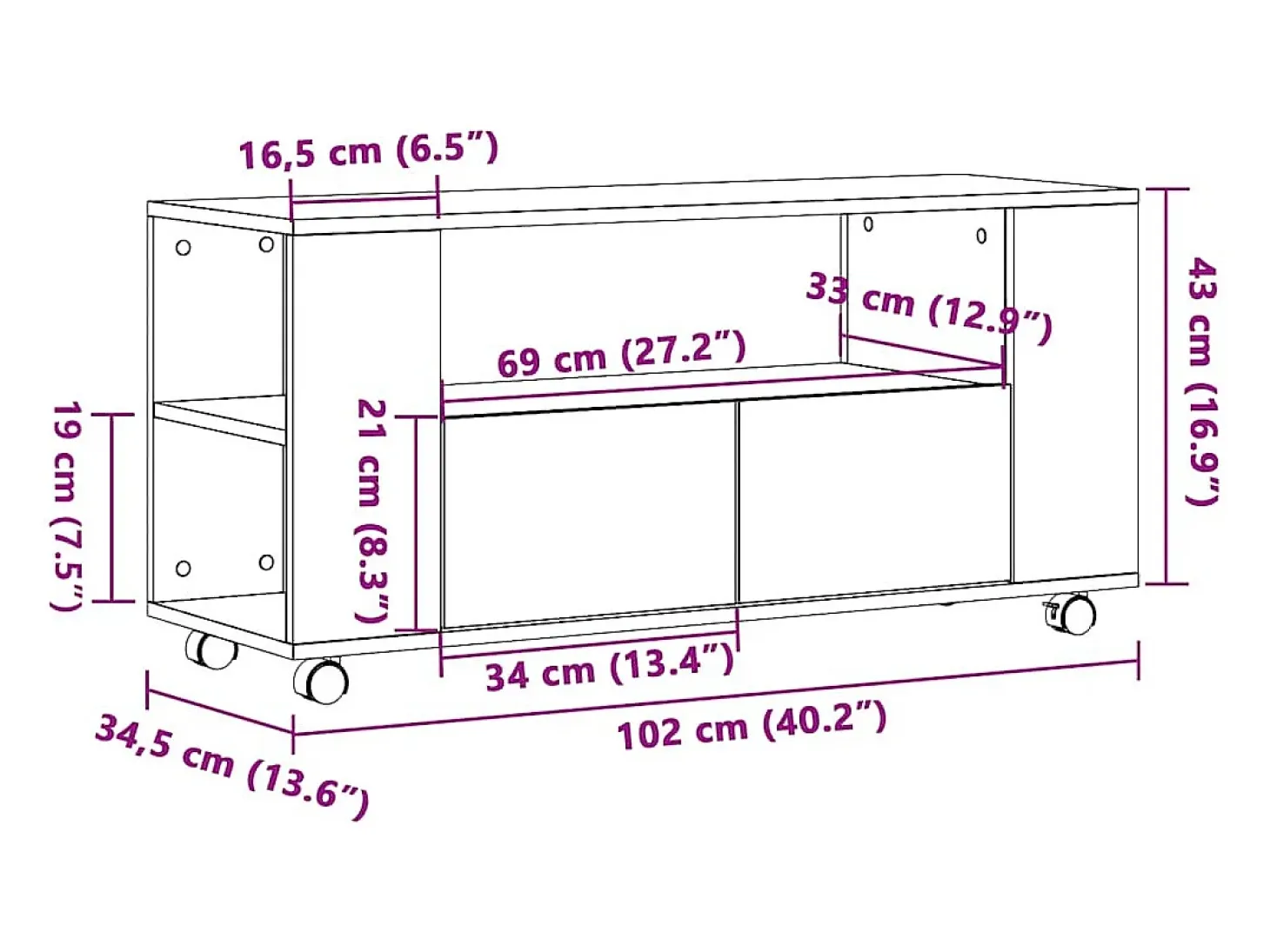 Mueble TV ruedas madera ingeniería roble artisan 102x34,5x43cm