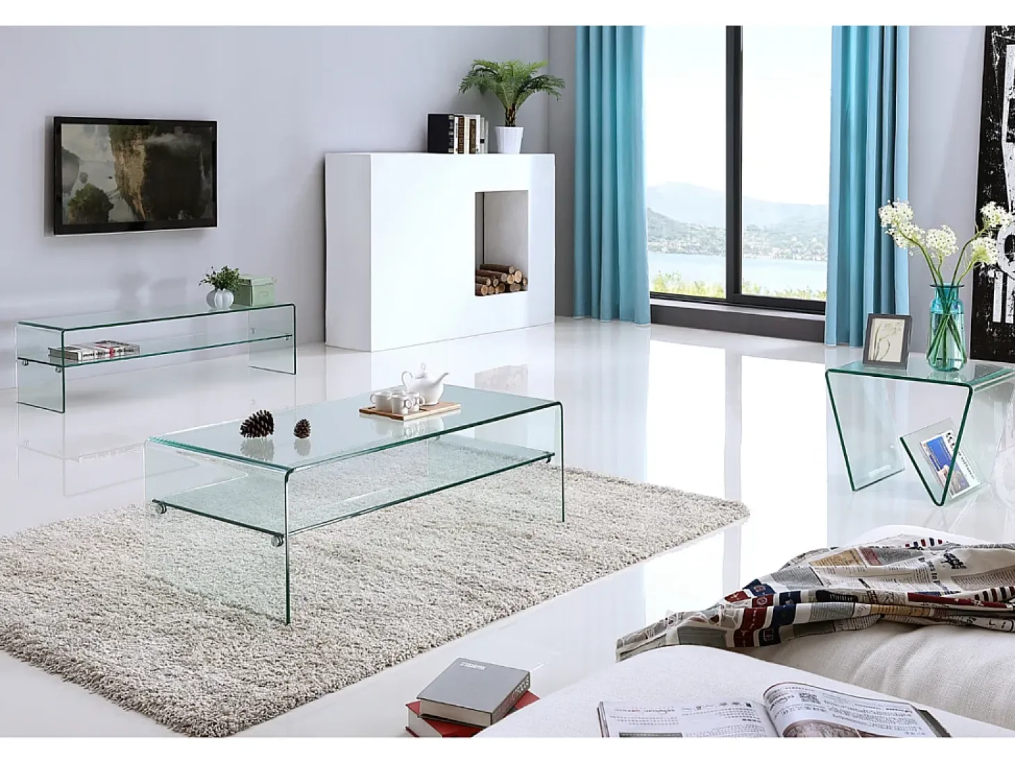 Mueble TV STILEOS - 1 hueco - Cristal templado curvo 12 mm