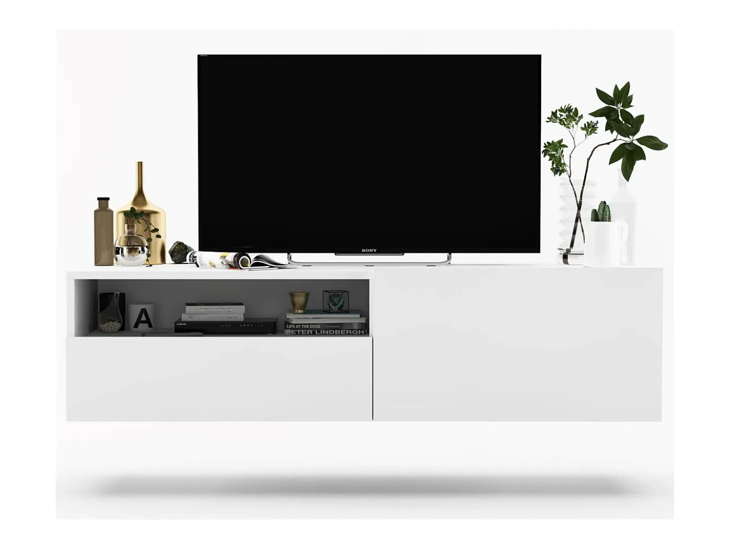 Mueble TV suspendido con 1 puerta, nicho y cajón - cuerpo Blanco mate, frentes Blanco mate - 120 cm