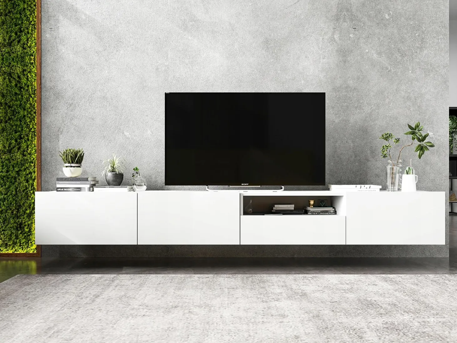 Mueble TV suspendido con 1 puerta, nicho y cajón - cuerpo Blanco mate, frentes Blanco mate - 120 cm
