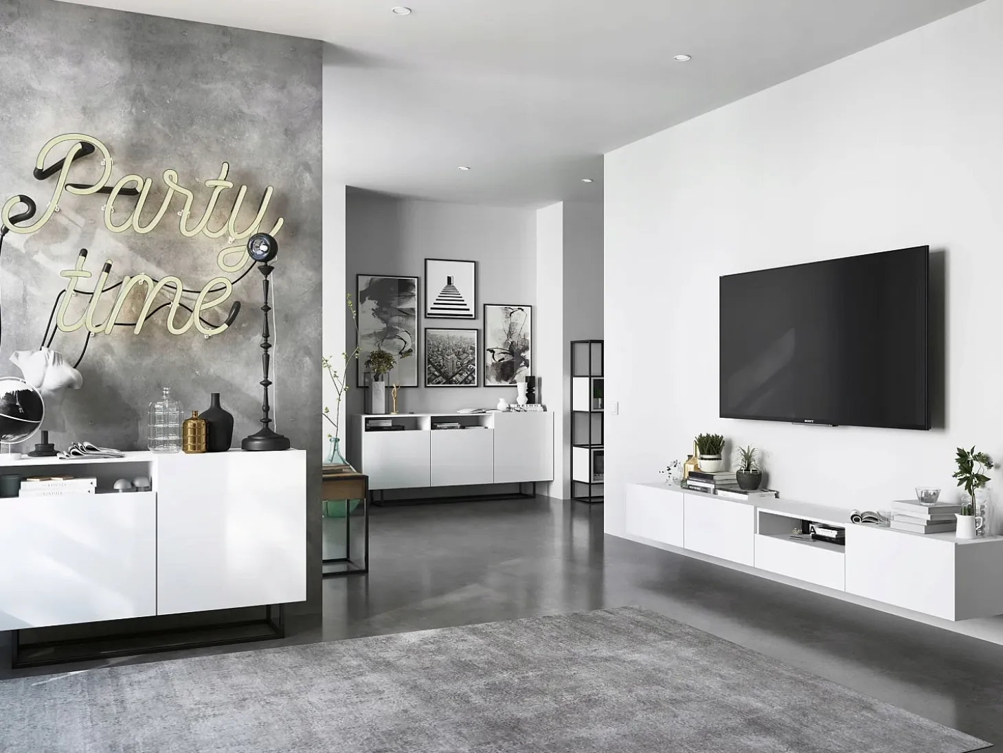 Mueble TV suspendido con 1 puerta, nicho y cajón - cuerpo Blanco mate, frentes Blanco mate - 120 cm