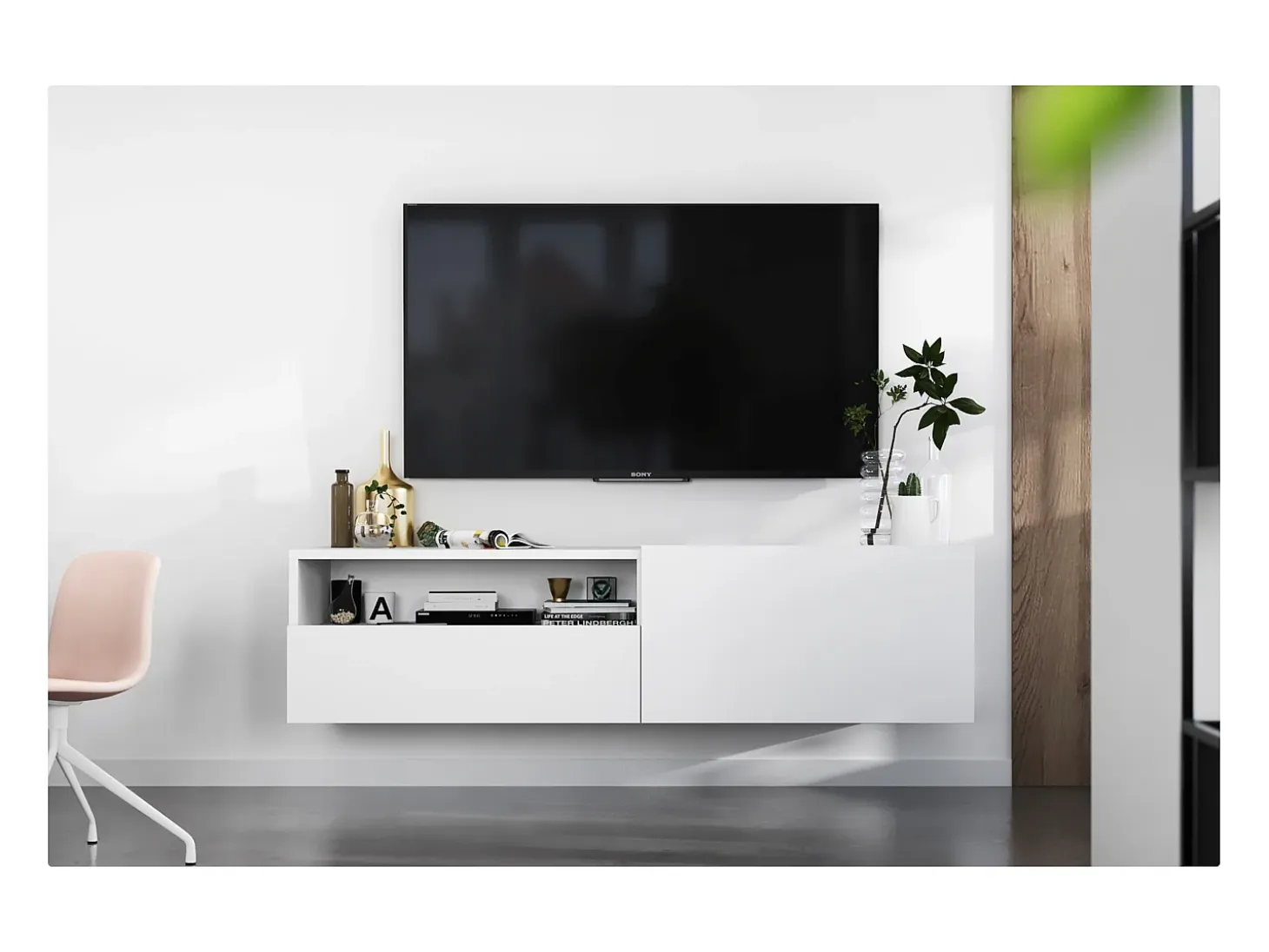 Mueble TV suspendido con 1 puerta, nicho y cajón - cuerpo Blanco mate, frentes Blanco mate - 120 cm