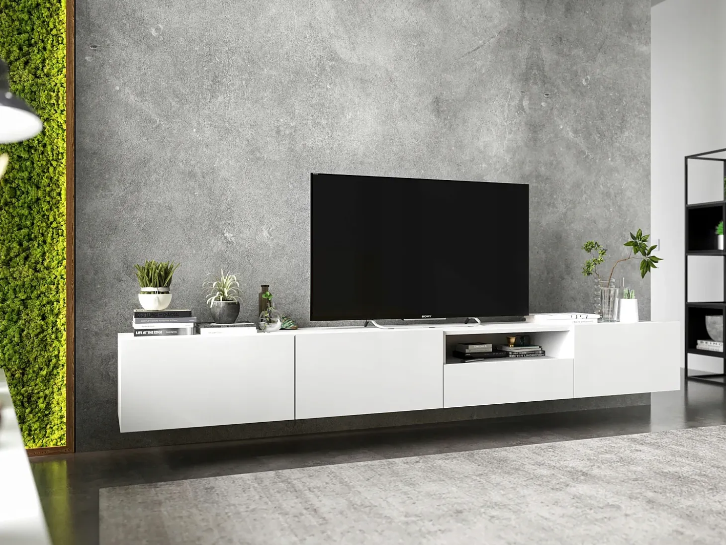 Mueble TV suspendido con 1 puerta, nicho y cajón - cuerpo Blanco mate, frentes Blanco mate - 120 cm