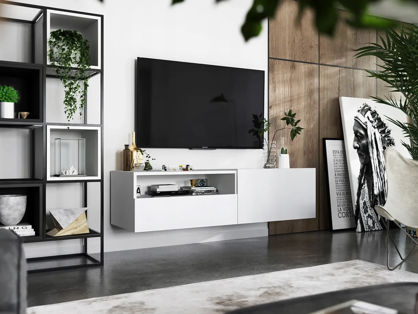 Mueble TV suspendido con 1 puerta, nicho y cajón - cuerpo Blanco mate, frentes Blanco mate - 120 cm