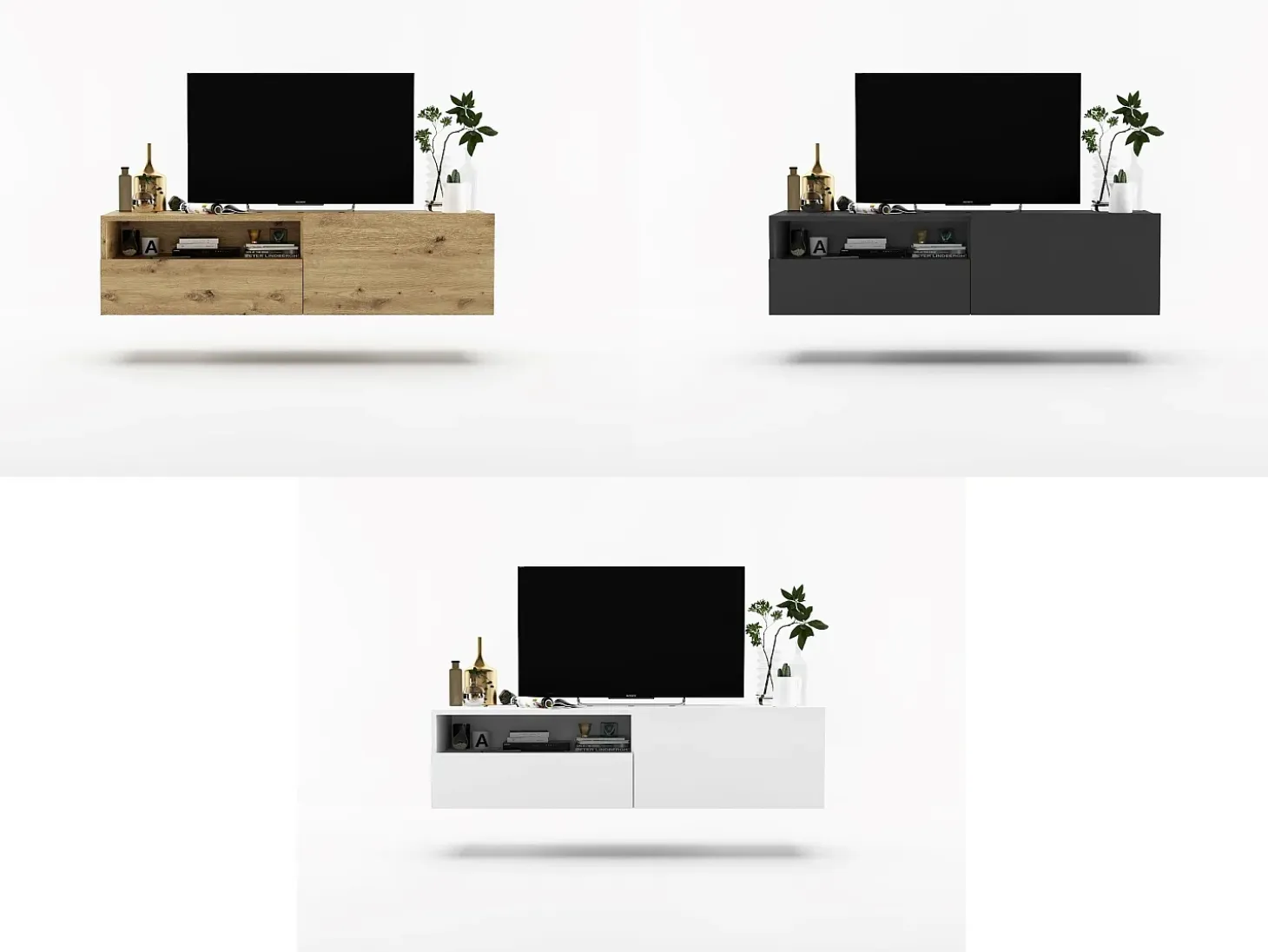 Mueble TV suspendido con 1 puerta, nicho y cajón - cuerpo Blanco mate, frentes Blanco mate - 120 cm