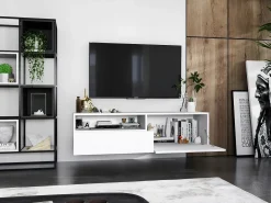 Mueble TV suspendido con 1 puerta, nicho y cajón - cuerpo Blanco mate, frentes Blanco mate - 120 cm