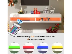 Mueble TV suspendido con 2 nichos - LED - 140x40x30,5 cm - Madera MDF - Blanco brillo