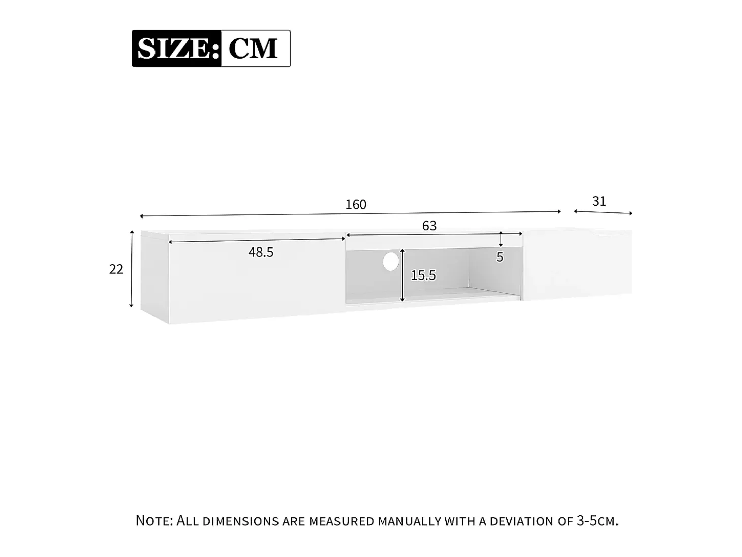 Mueble TV suspendido con 2 puertas y compartimento abierto - 160 x 31 x 22 cm - LED - Tablero de partículas - Blanco brillo