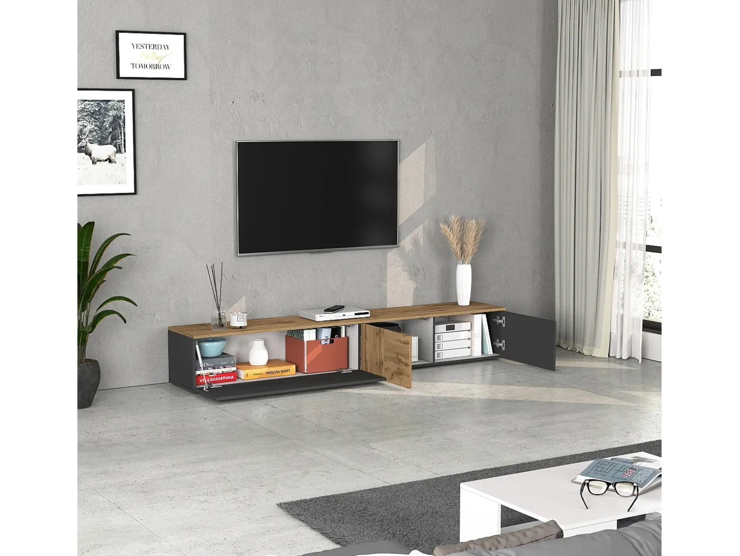 Mueble TV suspendido Iseo con 2 puertas y 1 puerta abatible, color antracita mate y roble, 200 x 35 x 30 cm