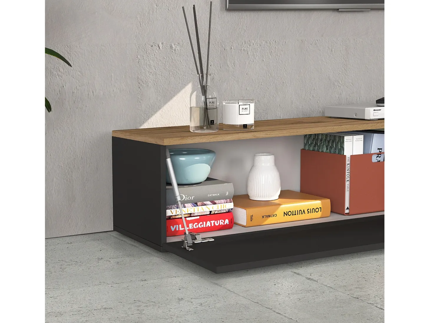 Mueble TV suspendido Iseo con 2 puertas y 1 puerta abatible, color antracita mate y roble, 200 x 35 x 30 cm