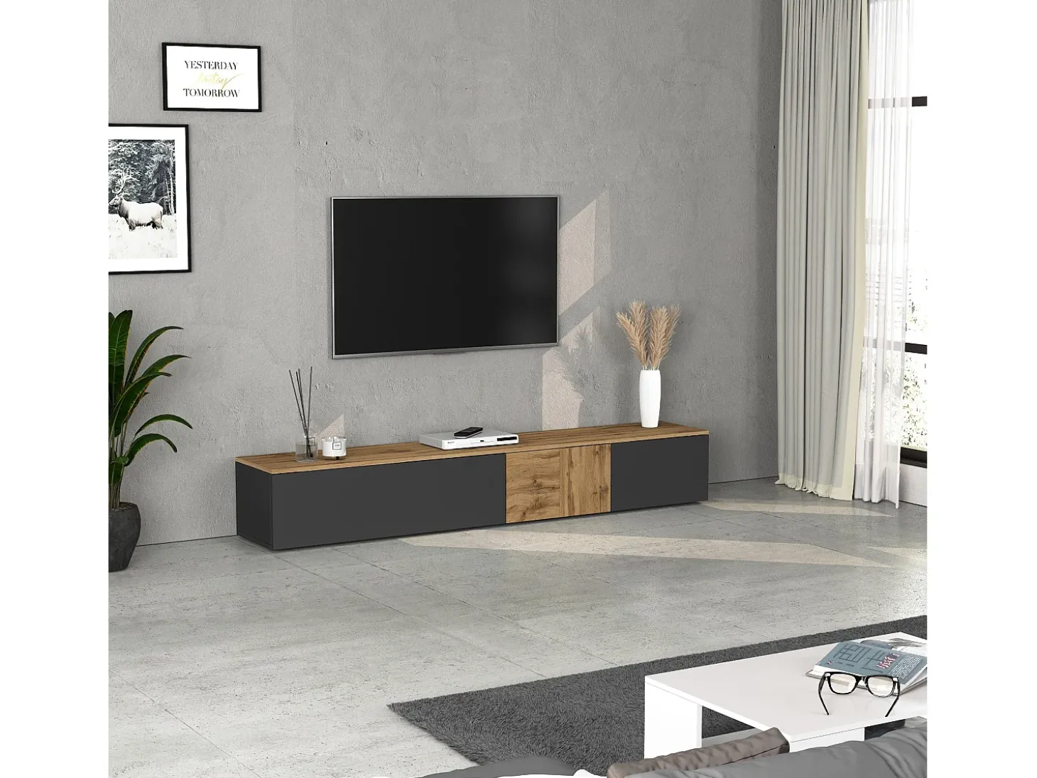 Mueble TV suspendido Iseo con 2 puertas y 1 puerta abatible, color antracita mate y roble, 200 x 35 x 30 cm