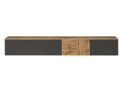 Mueble TV suspendido Iseo con 2 puertas y 1 puerta abatible, color antracita mate y roble, 200 x 35 x 30 cm