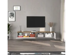 Mueble TV suspendido Iseo con 2 puertas y 1 puerta abatible blanco brillo y roble 200x35x30 cm