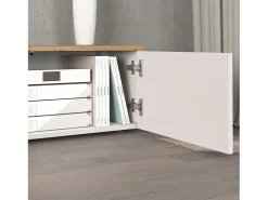 Mueble TV suspendido Iseo con 2 puertas y 1 puerta abatible blanco brillo y roble 200x35x30 cm