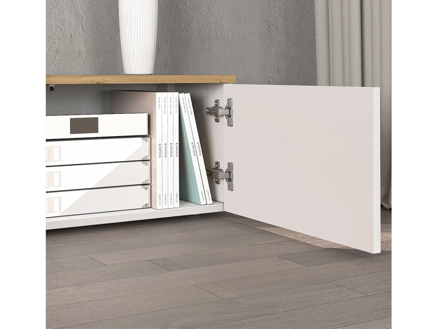 Mueble TV suspendido Iseo con 2 puertas y 1 puerta abatible blanco brillo y roble 200x35x30 cm