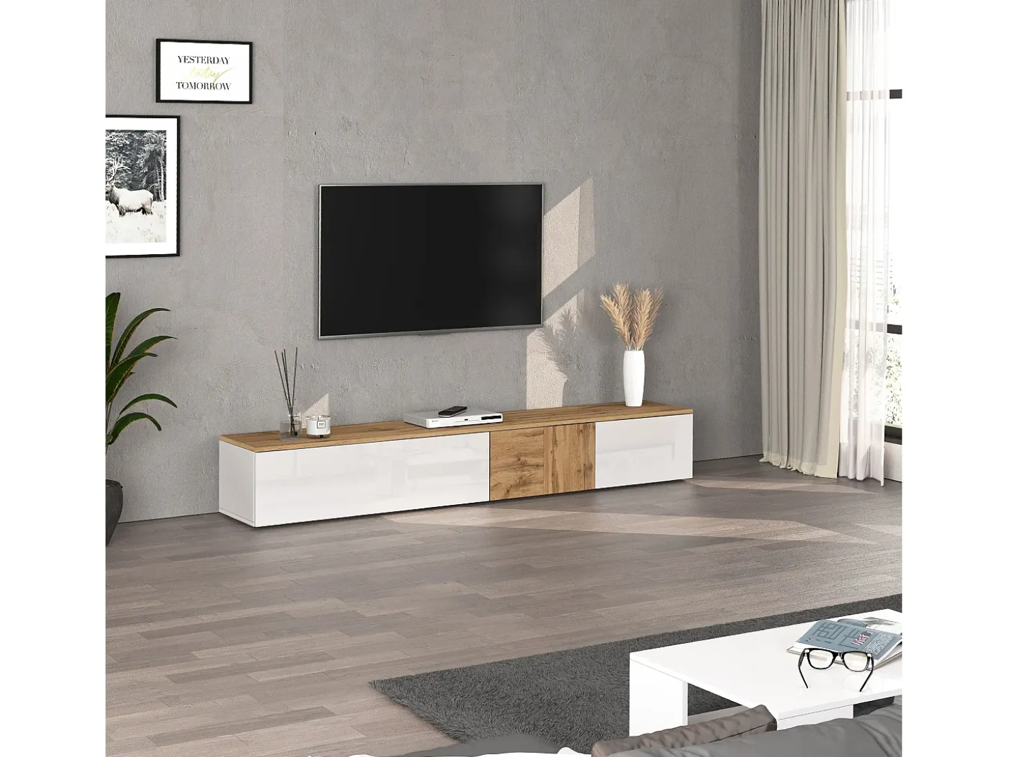 Mueble TV suspendido Iseo con 2 puertas y 1 puerta abatible blanco brillo y roble 200x35x30 cm