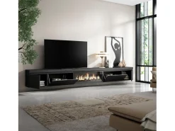 Mueble TV, Televisión, 368x35x45, Chimenea eléctrica XXL, Colgado, Suspendido, Negro