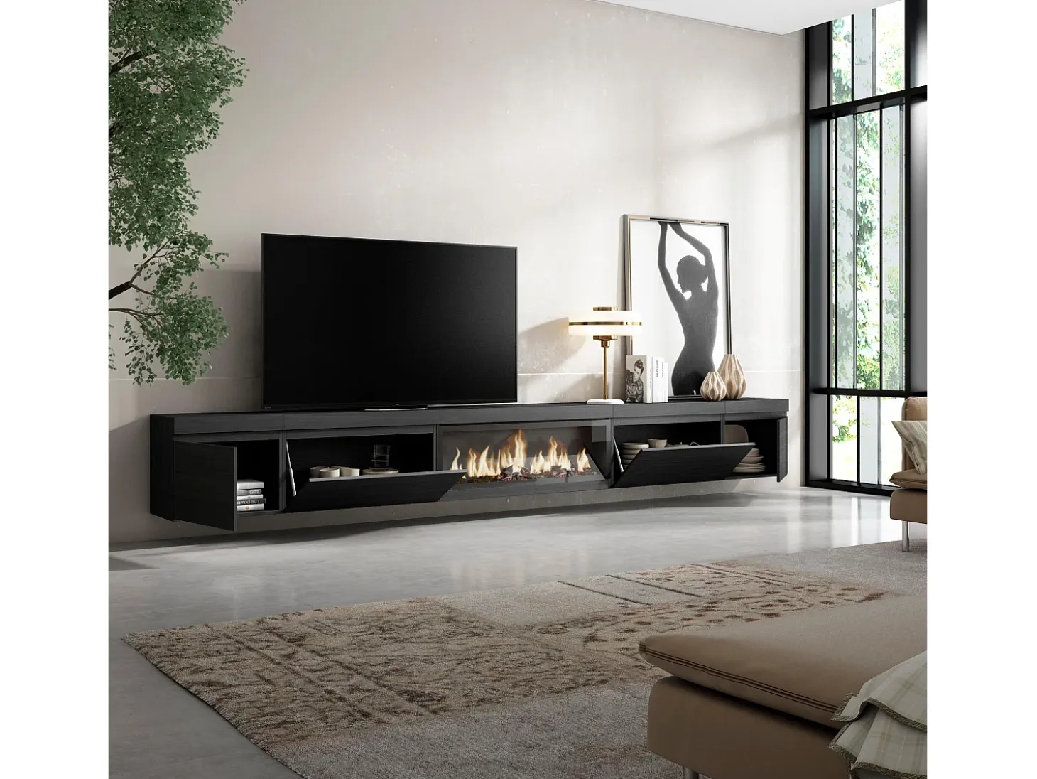 Mueble TV, Televisión, 368x35x45, Chimenea eléctrica XXL, Colgado, Suspendido, Negro