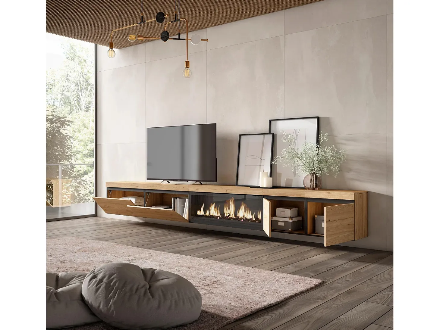 Mueble TV, Televisión, 368x35x45, Chimenea eléctrica XXL, Colgado, Suspendido, Roble