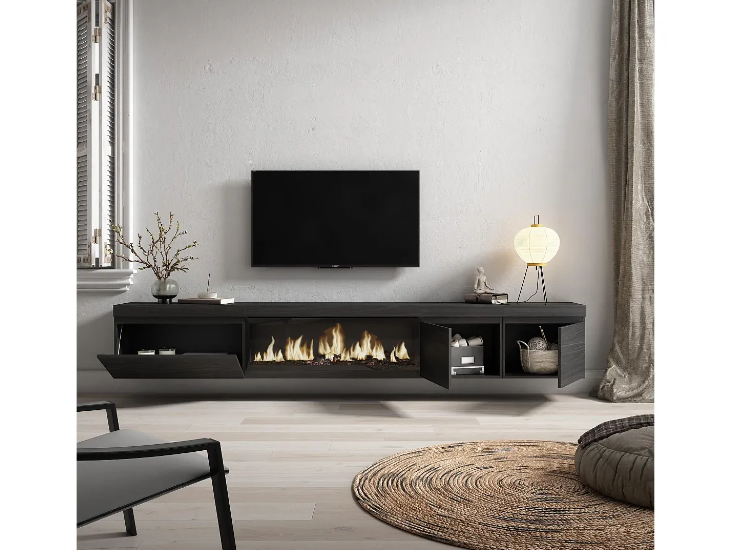 Mueble TV, Televisión, 288x35x45cm, Para TV gran formato, Chimenea eléctrica XXL, Colgado, Suspendido, Negro