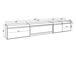 Mueble TV, Televisión, 288x35x45cm, Para TV gran formato, Chimenea eléctrica XXL, Colgado, Suspendido, Negro