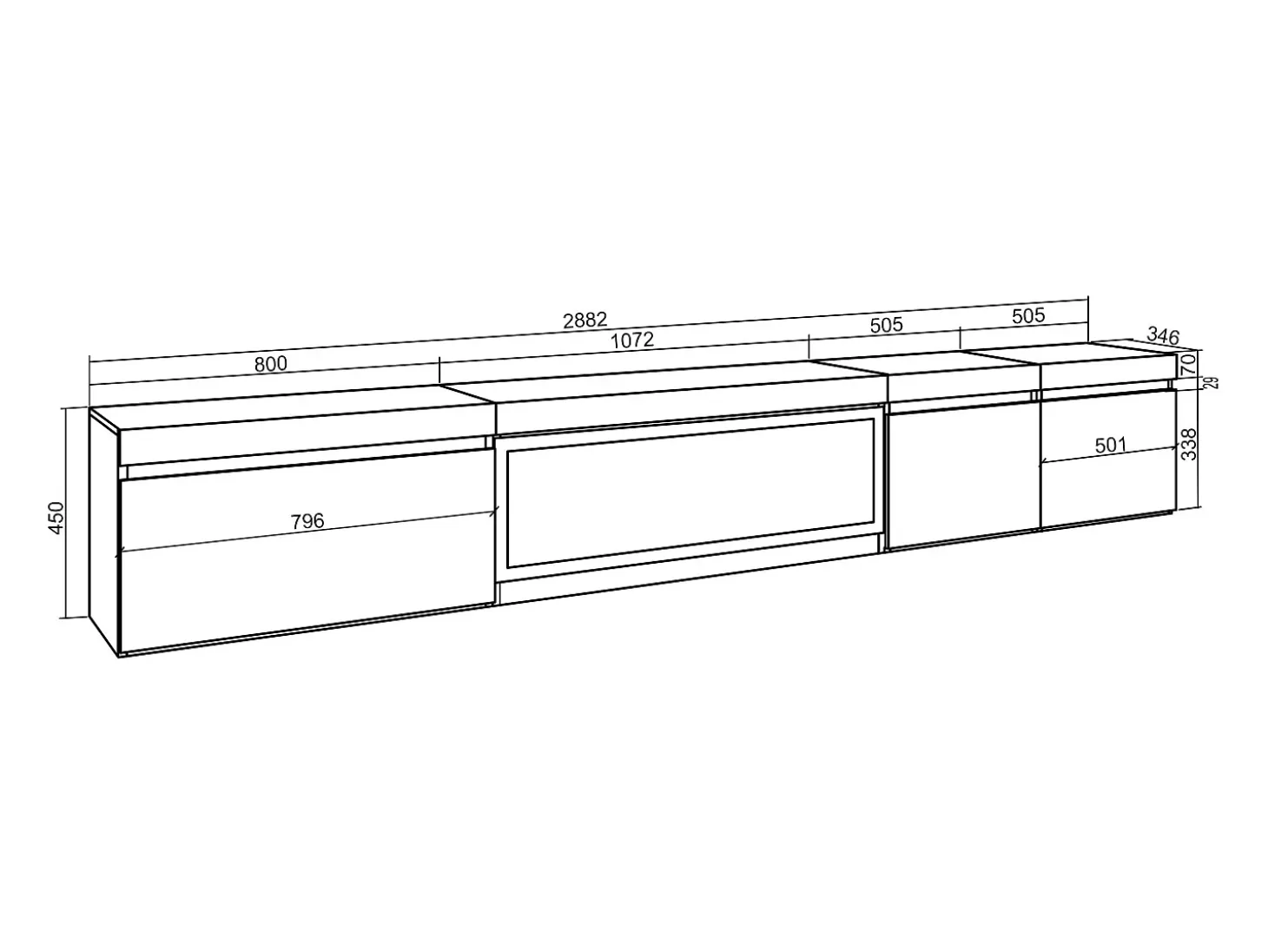 Mueble TV, Televisión, 288x35x45cm, Para TV gran formato, Chimenea eléctrica XXL, Colgado, Suspendido, Negro