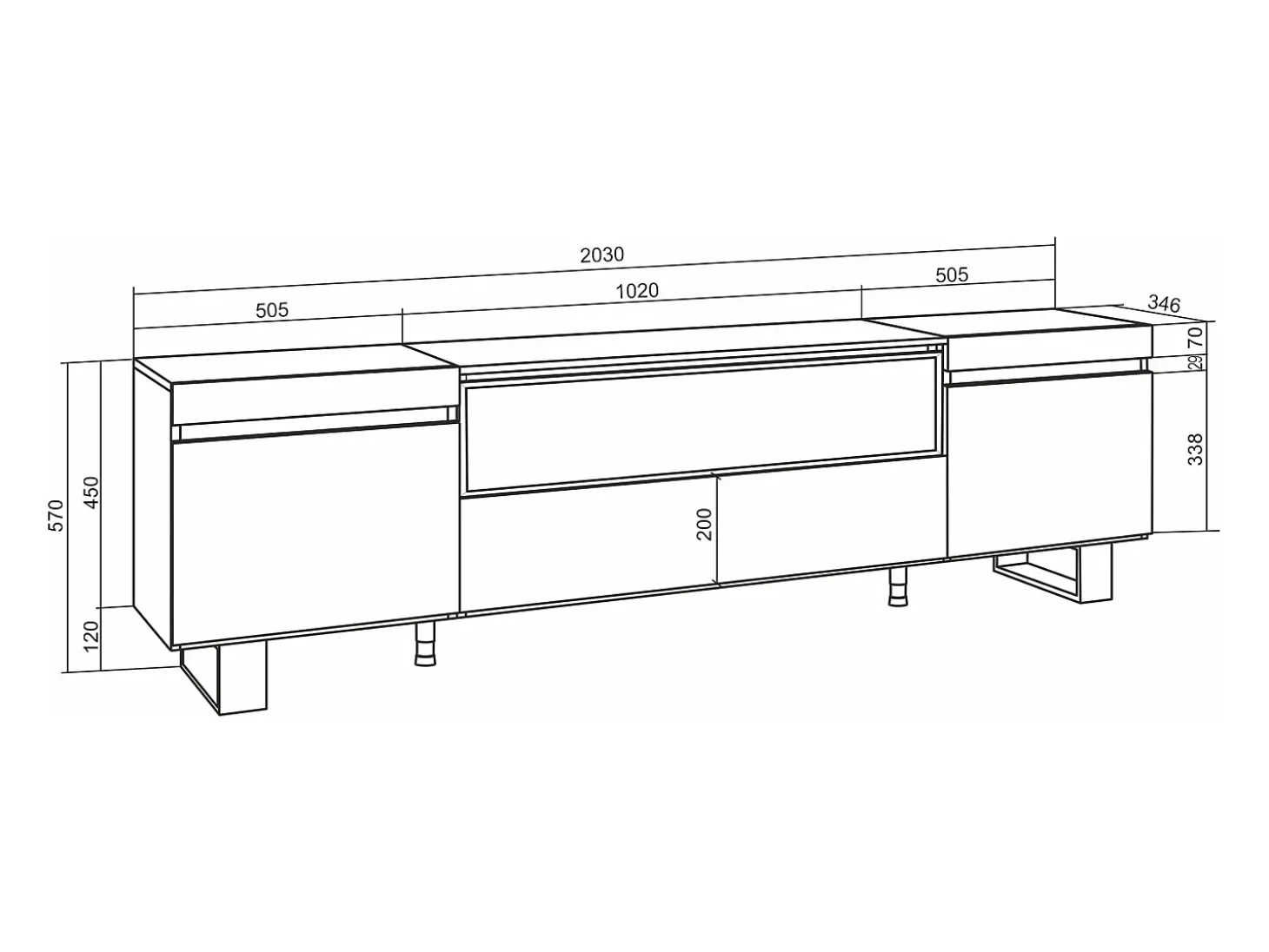 Mueble TV, Televisión, 200x35x57cm, Para TV hasta 80", Chimenea eléctrica, Diseño industrial, Negro