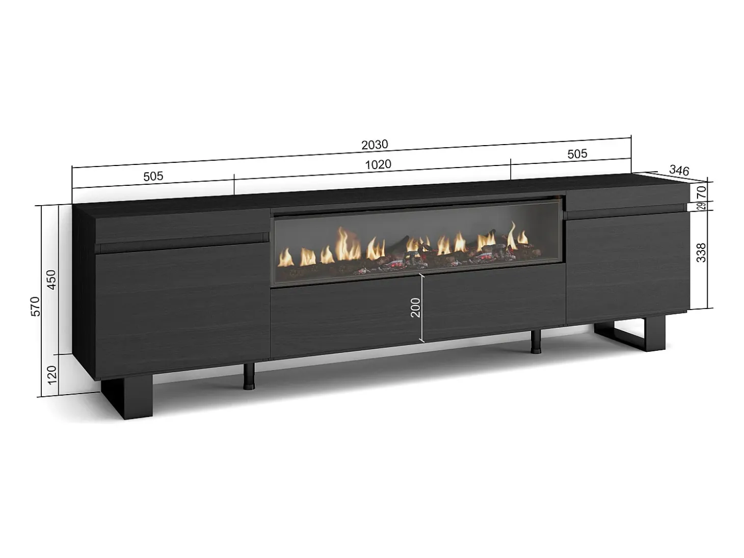Mueble TV, Televisión, 200x35x57cm, Para TV hasta 80", Chimenea eléctrica, Diseño industrial, Negro