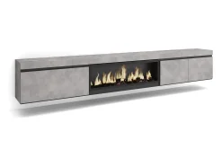 Mueble TV, Televisión, 288x35x45cm, Para TV gran formato, Chimenea eléctrica XXL, Colgado, Suspendido, Cemento