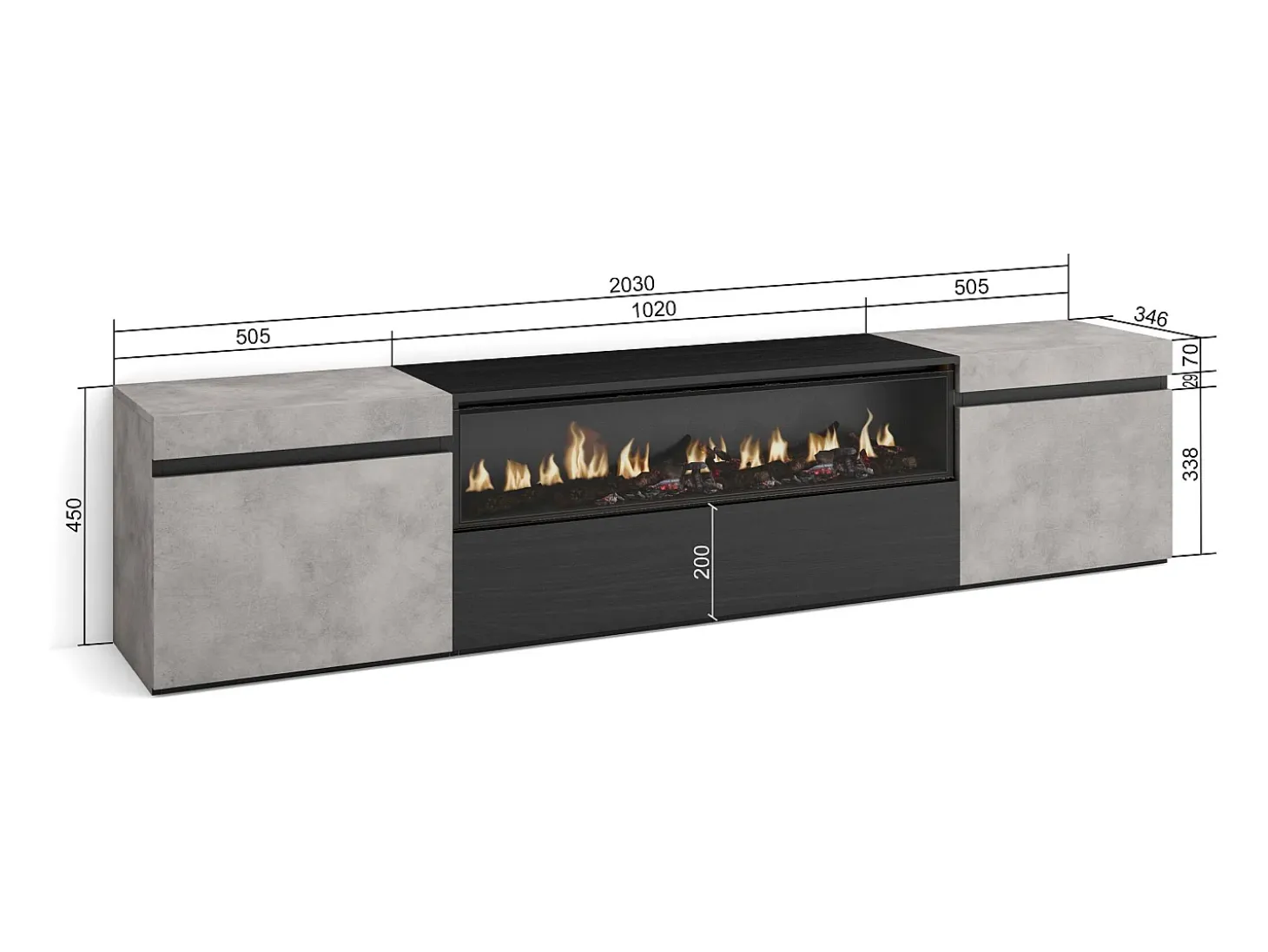 Mueble TV, Televisión, 200x35x45cm, Para TV hasta 80", Chimenea eléctrica, Cemento