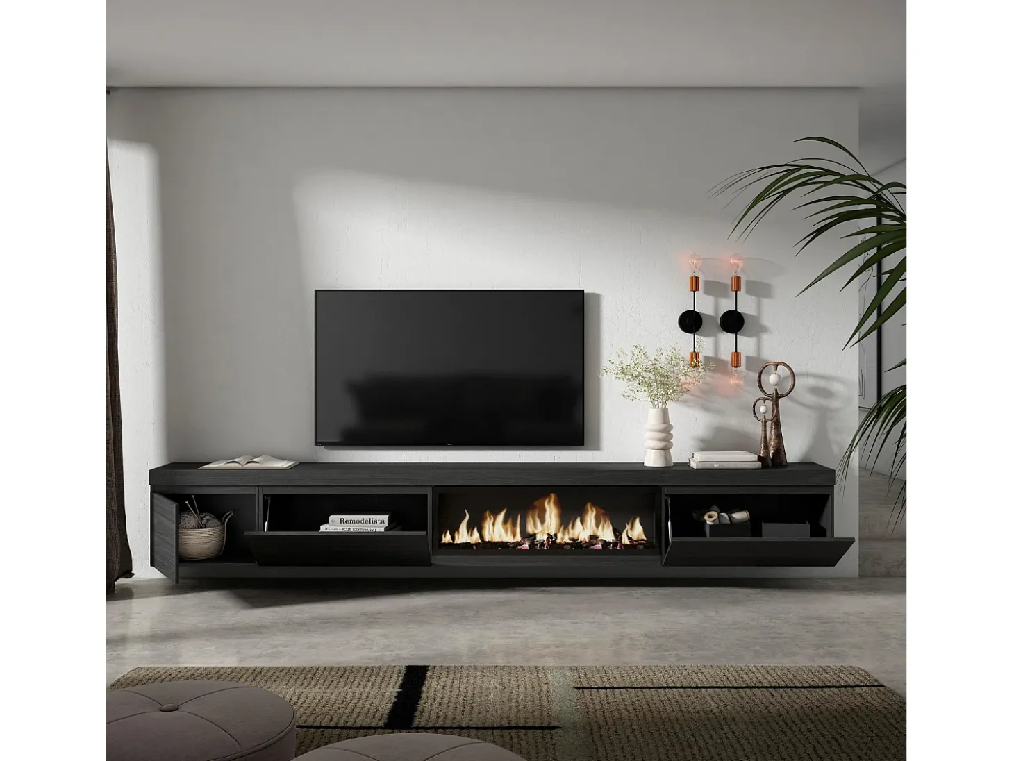 Mueble TV, Televisión, 317x35x45cm, Chimenea eléctrica XXL, Colgado, Suspendido, Negro