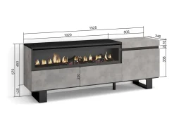 Mueble TV, Televisión, 150x35x57cm, Para TV hasta 65", Chimenea eléctrica, Diseño industrial, Cemento
