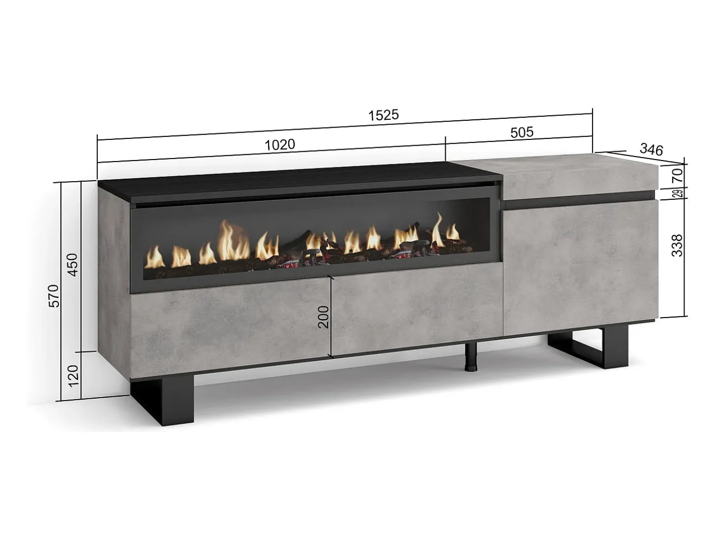Mueble TV, Televisión, 150x35x57cm, Para TV hasta 65", Chimenea eléctrica, Diseño industrial, Cemento