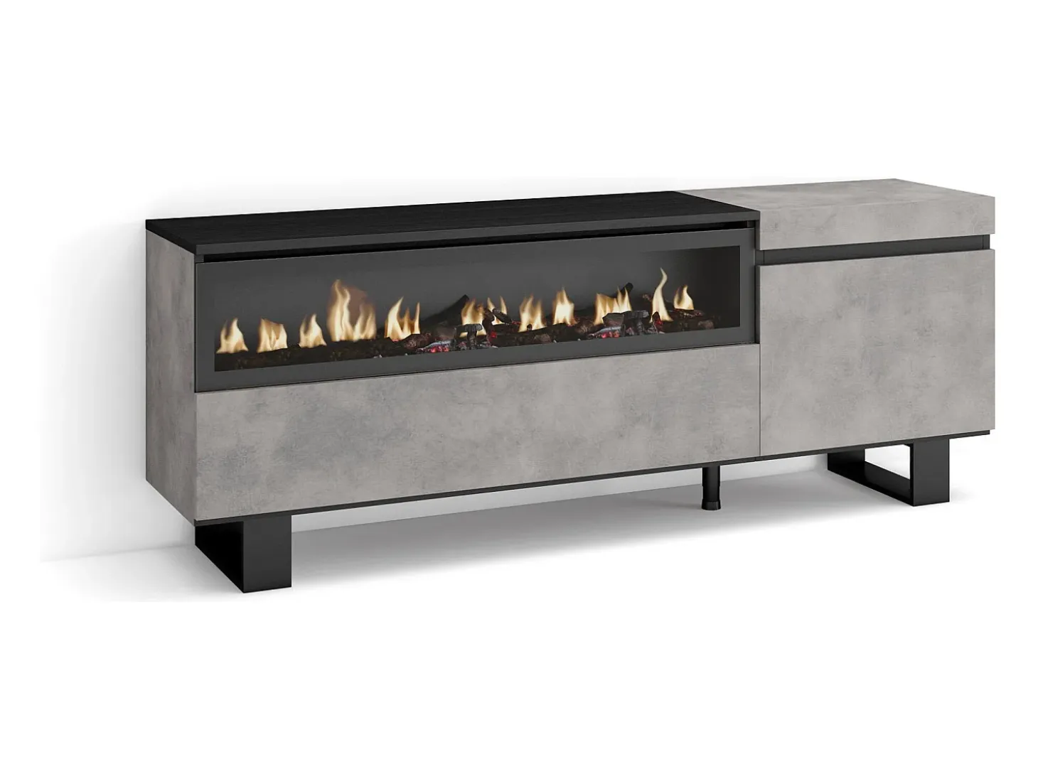 Mueble TV, Televisión, 150x35x57cm, Para TV hasta 65", Chimenea eléctrica, Diseño industrial, Cemento