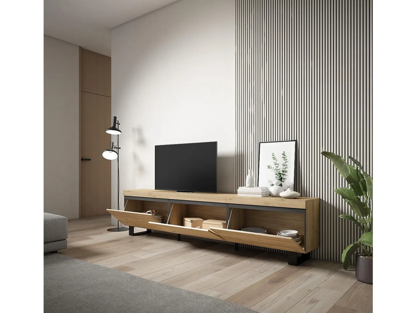 Mueble TV, Televisión, 240x35x57cm, Diseño industrial, Roble