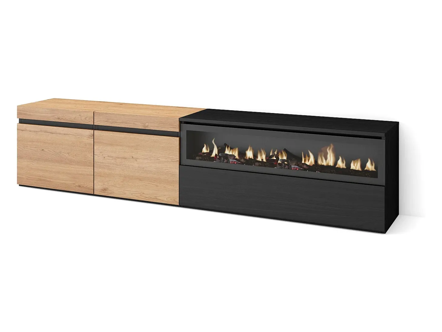 Mueble TV, Televisión, 200x35x45cm, Para TV hasta 80", Chimenea eléctrica, Roble y negro