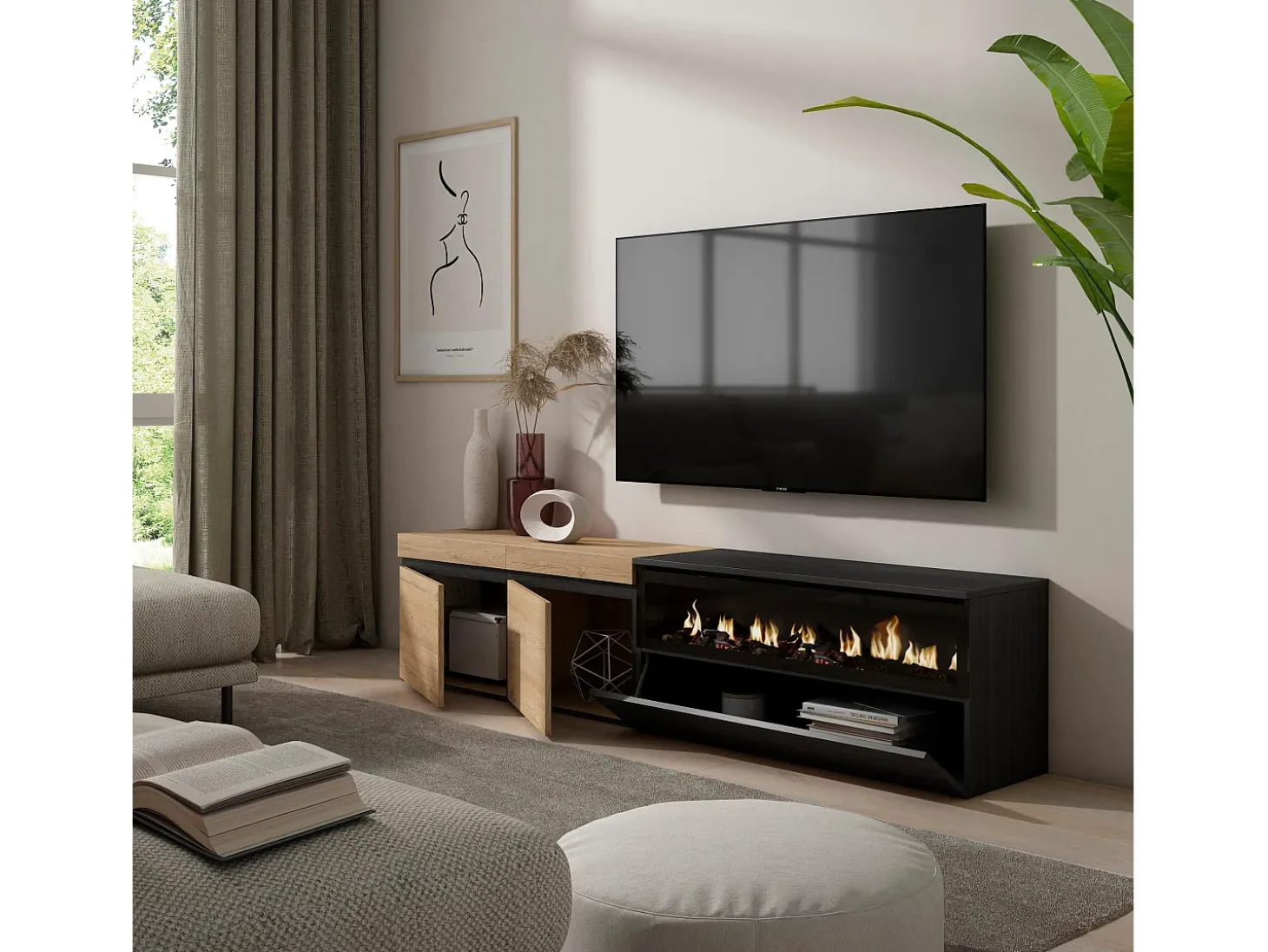 Mueble TV, Televisión, 200x35x45cm, Para TV hasta 80", Chimenea eléctrica, Roble y negro