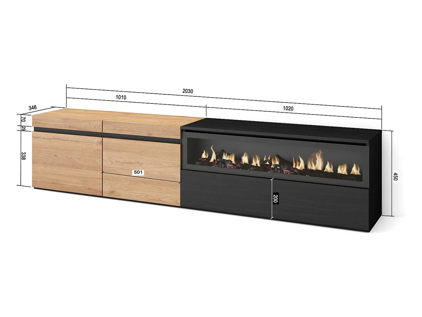 Mueble TV, Televisión, 200x35x45cm, Para TV hasta 80", Chimenea eléctrica, Roble y negro