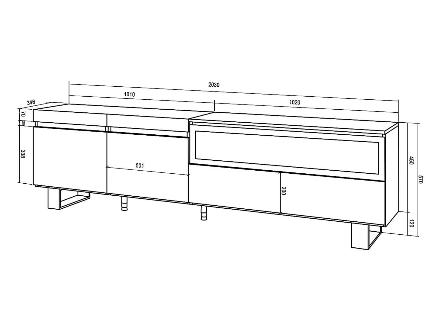Mueble TV, Televisión, 200x35x57cm, Para TV hasta 80", Chimenea eléctrica, Diseño industrial, Blanco y negro