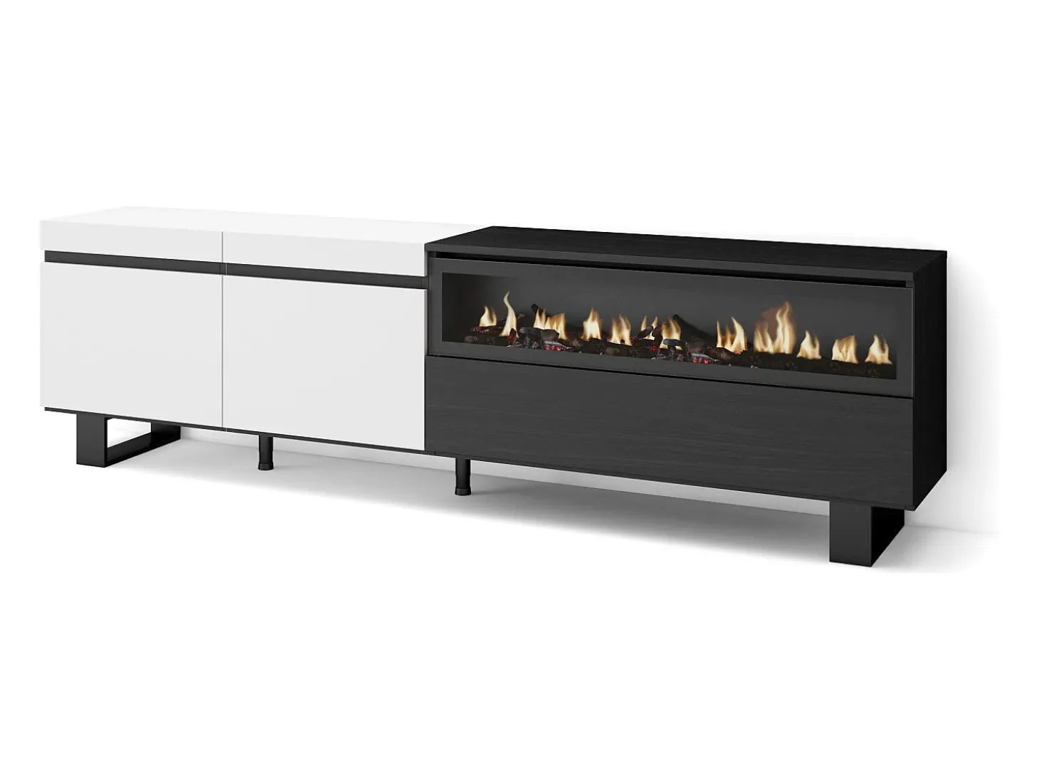 Mueble TV, Televisión, 200x35x57cm, Para TV hasta 80", Chimenea eléctrica, Diseño industrial, Blanco y negro